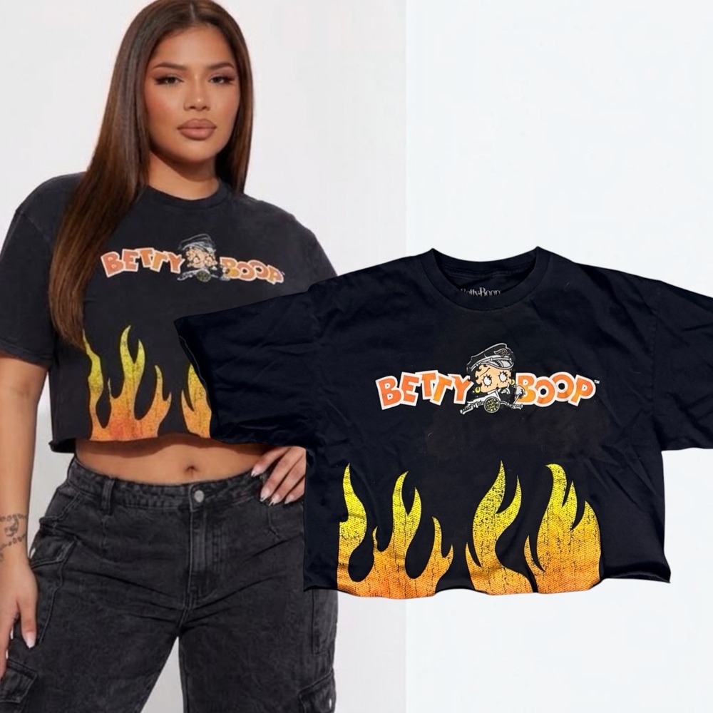 Betty Boop Cropped T Shirt Flame Graphic Biker Black XL